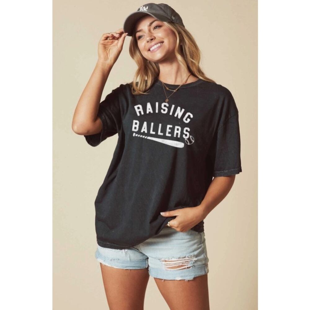 Acid Wash Raising Ballers Baseball Mom Graphic Tee MED